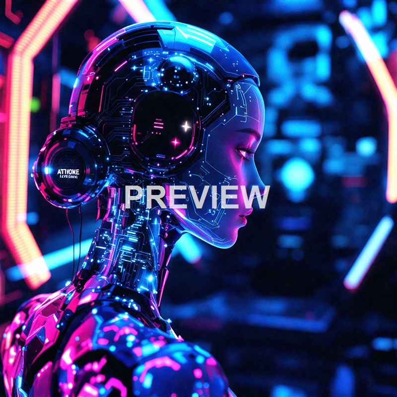 A futuristic female android with neon-lit circuitry and a sleek metallic face, wearing high-tech headphones against a vibrant, digital background.